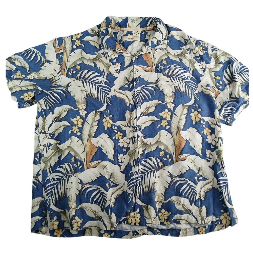 Tommy Bahama Shirt Mens 2XB Big Silk Hawaiian Floral Blue Button Up Short Sleeve